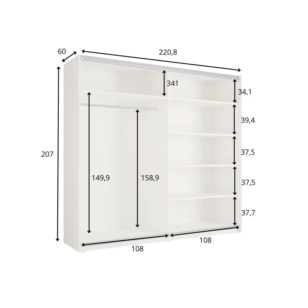 Armadio VENEZIA con cabina armadio aperta LED e specchi bianco opaco 221 cm
