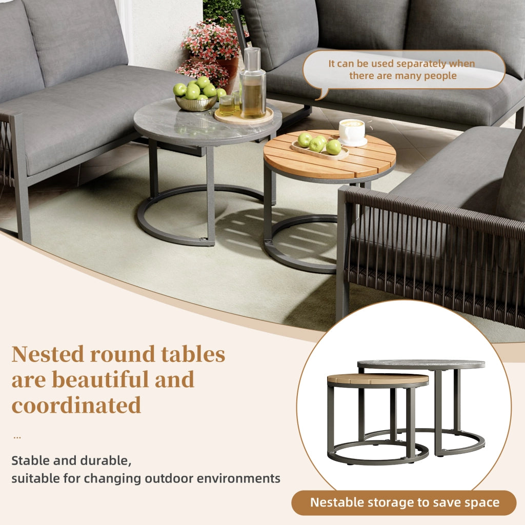 Set lounge da giardino a 5 pezzi con divano angolare, tavolini, struttura in metallo zincato e cuscini grigio