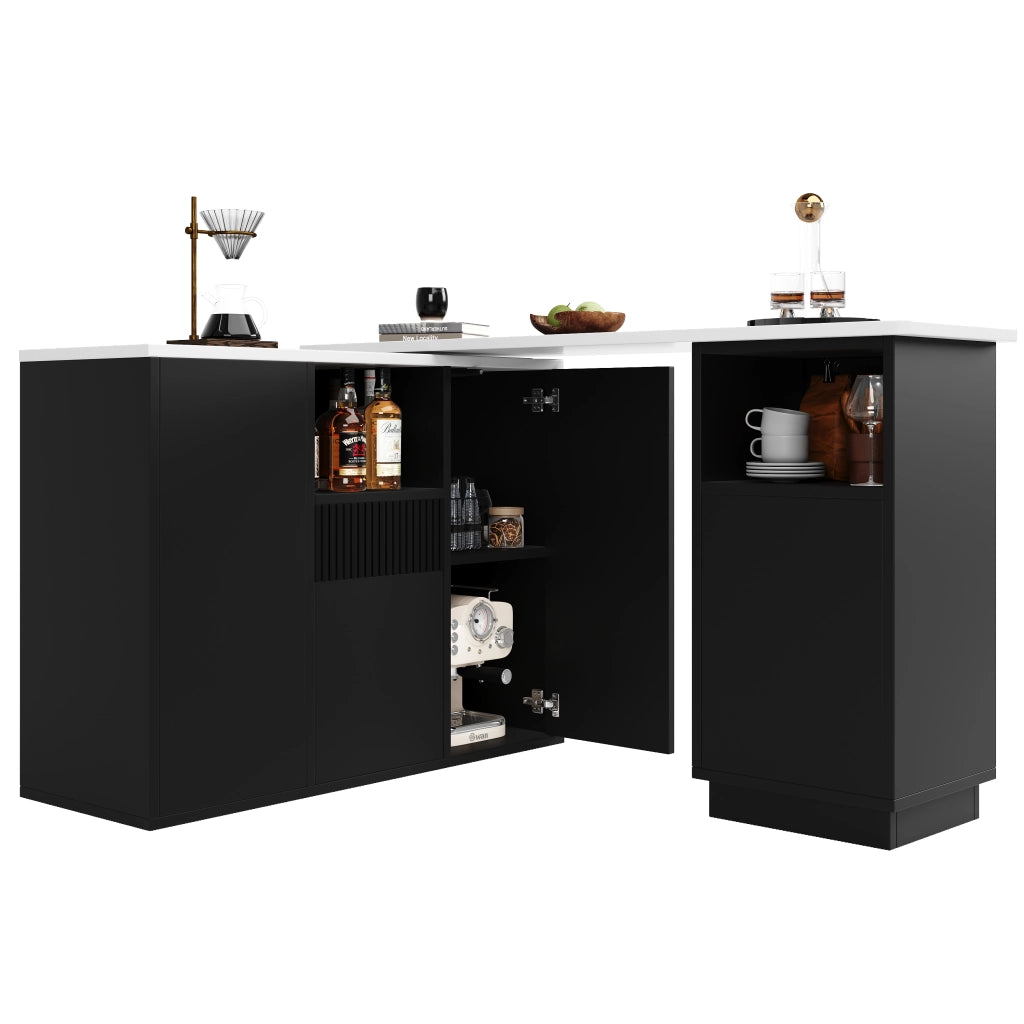 Mobile Bar Girevole 360° con Vani Aperti e Chiusi; Piano Effetto Marmo per Cucina e Soggiorno; in MDF; Nero; 210x30x100.9 cm