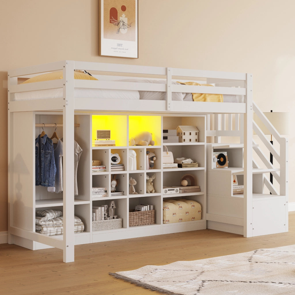 DESMIU Letto a soppalco 1 posto con contenitori, armadio e LED regolabile 90 × 200 cm, senza materasso