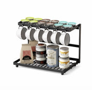 Sostegno per tazze da caffè in metallo a 2 livelli con 6 ganci, organizzatore per bar da caffè, 30 cm, nero