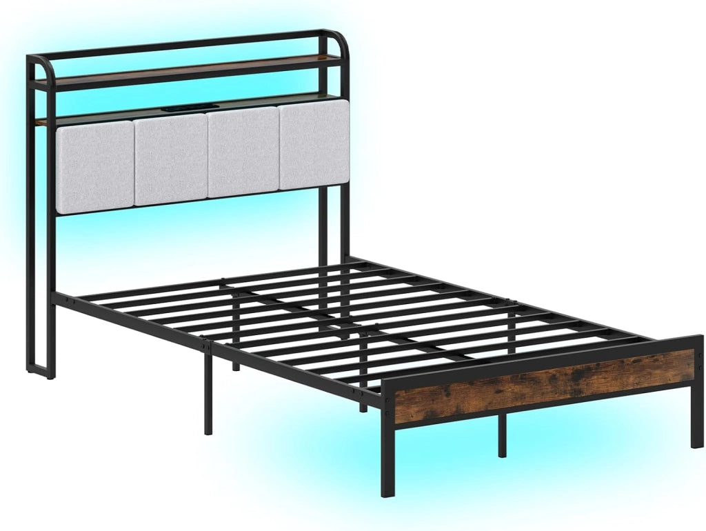 Struttura per letto con testiera tappezzata, 140 x 200 cm, rete a doghe con luci LED regolabili, stazione di ricarica e ripiani aperti, telaio per letto moderno (materasso non incluso)