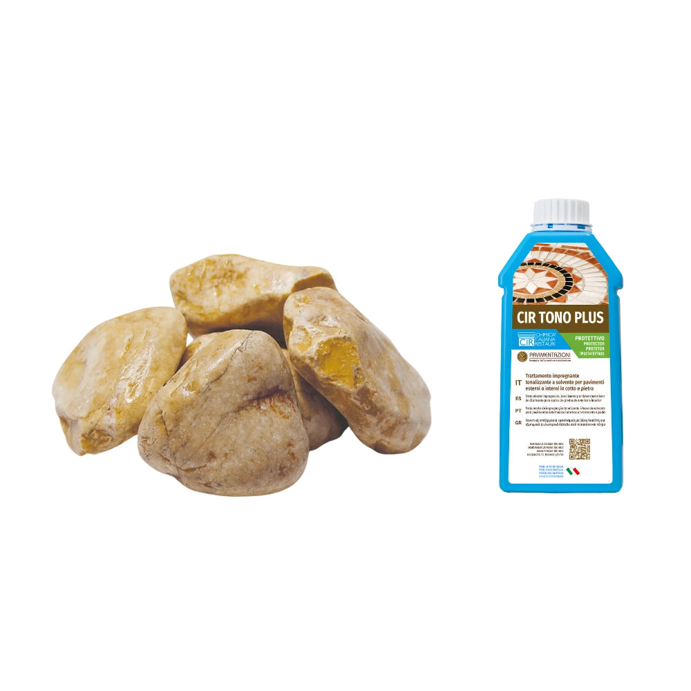 Ciottoli giallo siena effetto bagnato brillante con protettivo cir tono plus *** misura 25/40, formato 5 kg + 1 l, co...