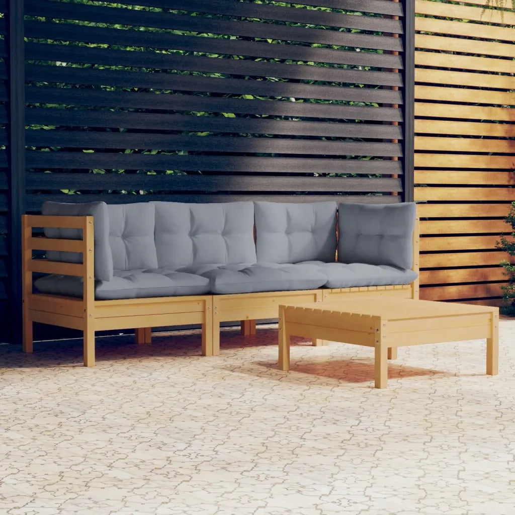 Set Divani da Giardino 4 pz | Set Salotto da Giardino con Cuscini Grigi Massello di Pino