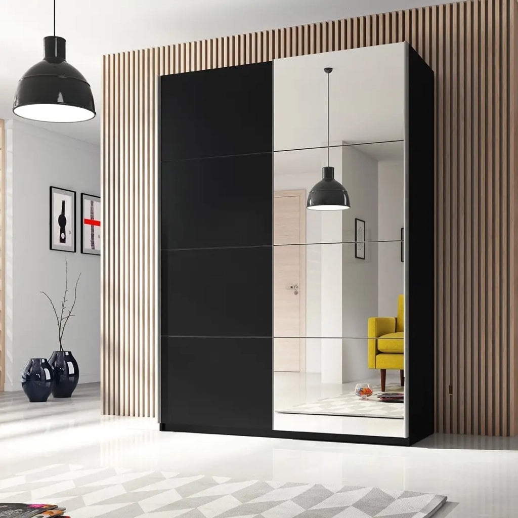 Armadio design 150cm. 2 porte con specchi modulari. Colore nero opaco. Collezione EOS