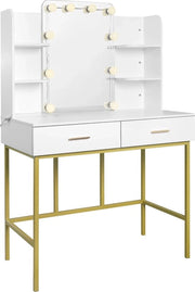 Tavolo da Bagno - 90x45x136 Cm - Illuminazione a Led - Specchio - Design Moderno - Cosmetica - Materiale Legno - Piatto in Oro - Per Trucco