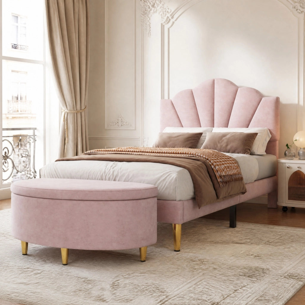Letto imbottito in velluto 90x200 cm con testiera regolabile; rosa