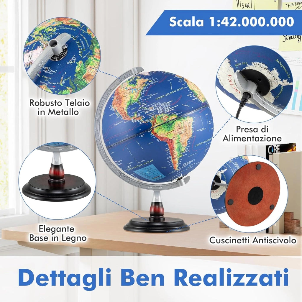 COSTWAY Mappamondo con Luce, Globo Terrestre Illuminato da 30 cm, Supporto in Legno, Decorazione Educativa in l’Inglese, per Casa, Ufficio e Scuola