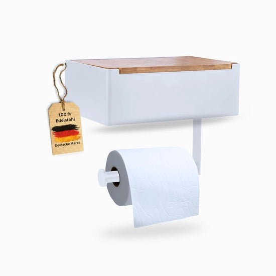 Sostegno per carta igienica con contenitore umido - Acciaio inossidabile e bambù - Sostegno per carta igienica senza perforazione - Bianco - Sostegno per carta igienica con contenitore umido