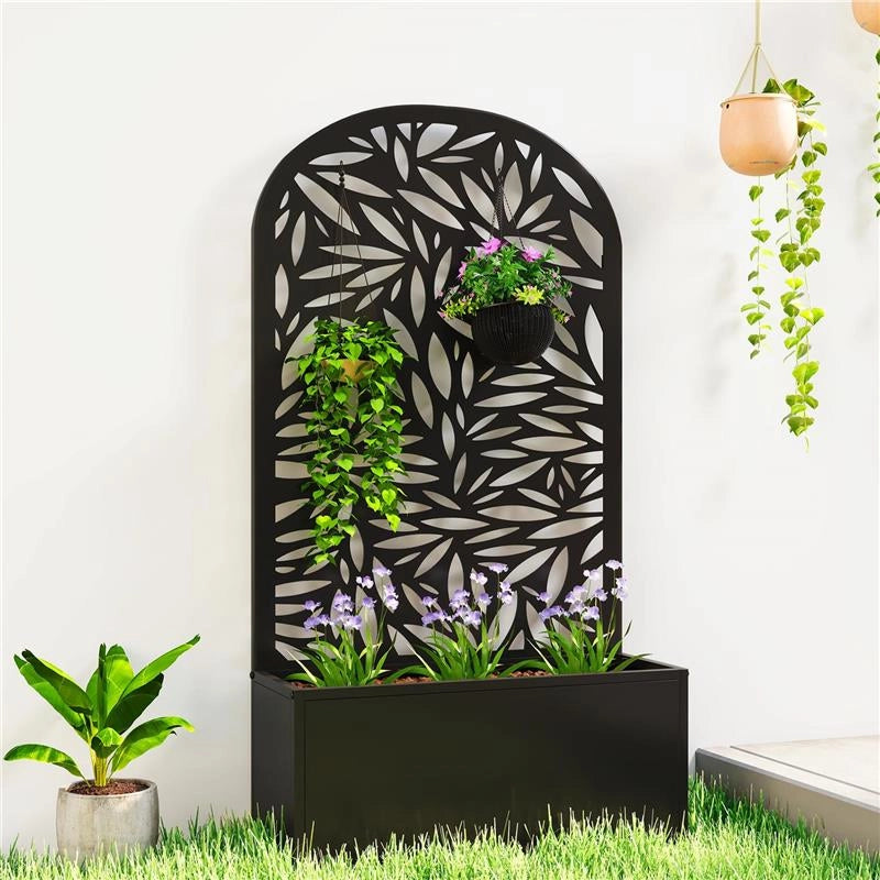 FIORIERA CON TRALICCIO AD ARCO PER RAMPICANTI E FORI DI DRENAGGIO, IN METALLO, 61X23X113 CM, NERO