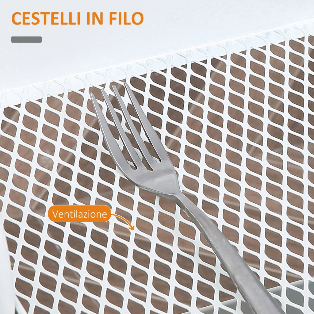 Carrello Cucina Multiuso con Ruote Girevoli. 2 Cesti. Cassetto e Piano in Legno. Bianco