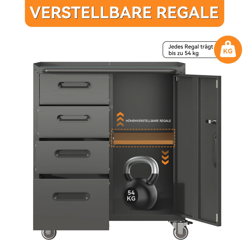 Robusto armadietto portautensili in metallo con ruote ¨C 75 ¡Á 42 ¡Á 88 cm, nero/grigio, per garage, ufficio e casa