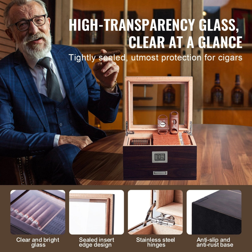 Sigari Humidor Scatola Umidificatore Igrometro Cassetto Cedro 50 Sigari