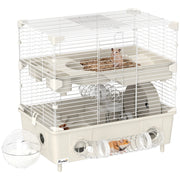 Gabbia per Criceti a 2 Livelli e 3 Porte con Ruota e Tubi, in Acciaio, PS e PP, 44.5x28x44 cm, Crema e Bianco