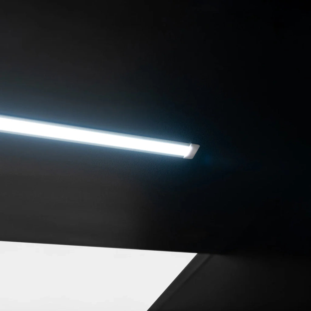 Bancone LED Nero C1500 con Vetrina, 3 Ripiani e Ante Scorrevoli