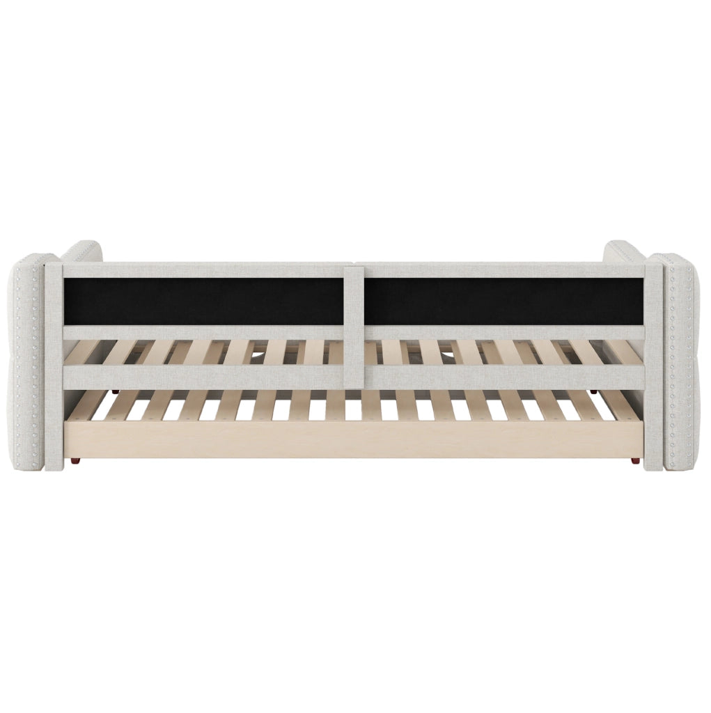 Letto da giorno imbottito 90x200 cm con LED; letto estraibile e tre cassetti; beige