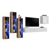 Set di mobili da parete per soggiorno SWITCH XIII design, colore bianco lucido e rovere Wotan.