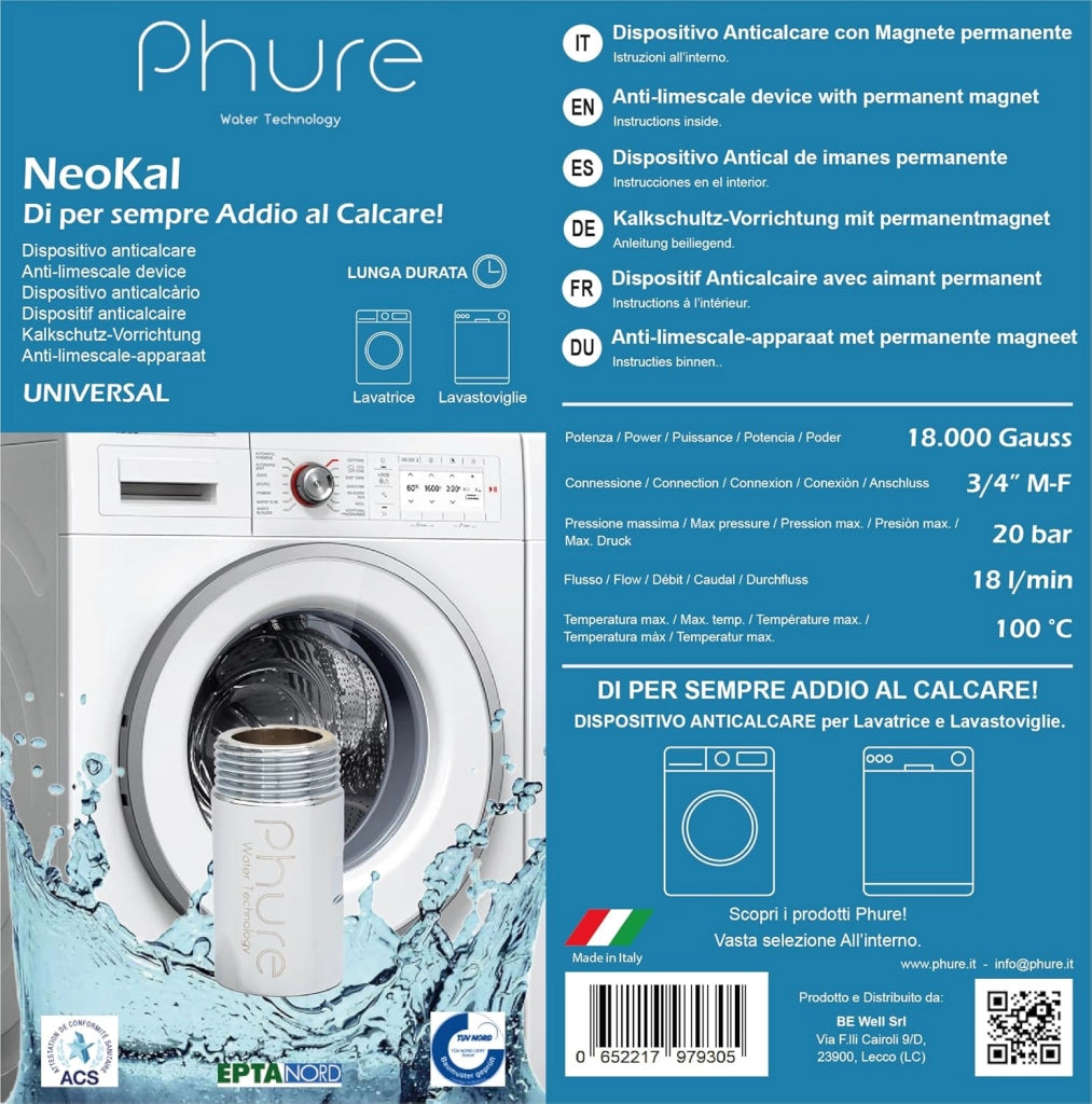 Phure Neokal Dispositivo Anticalcare Magnetico Universale 3/4" Per Lavatrice E Lavastoviglie