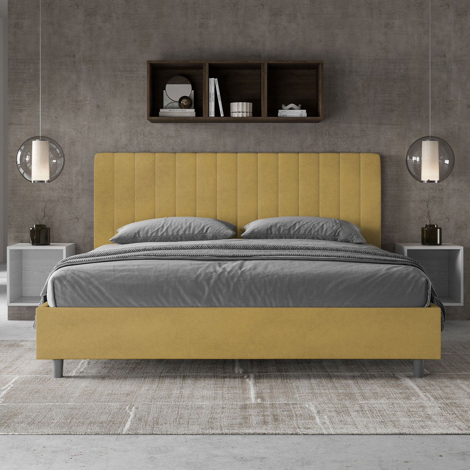 Letto Matrimoniale King Size 180x190 cm con Rete Imbottito in Microfibra Agueda Ocra