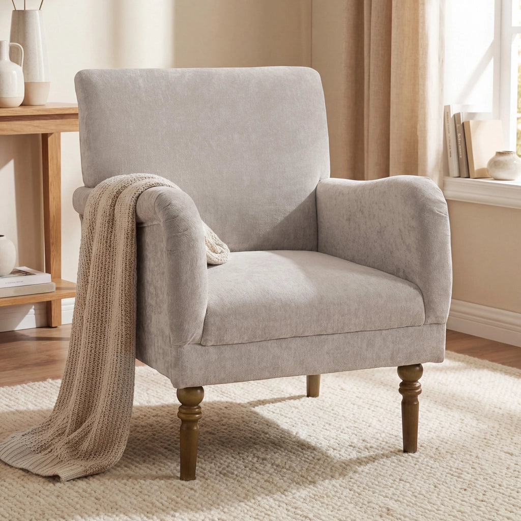 Poltrona tessuto lino grigio con schienale alto, braccioli, seduta larga, piedi legno - Xylo