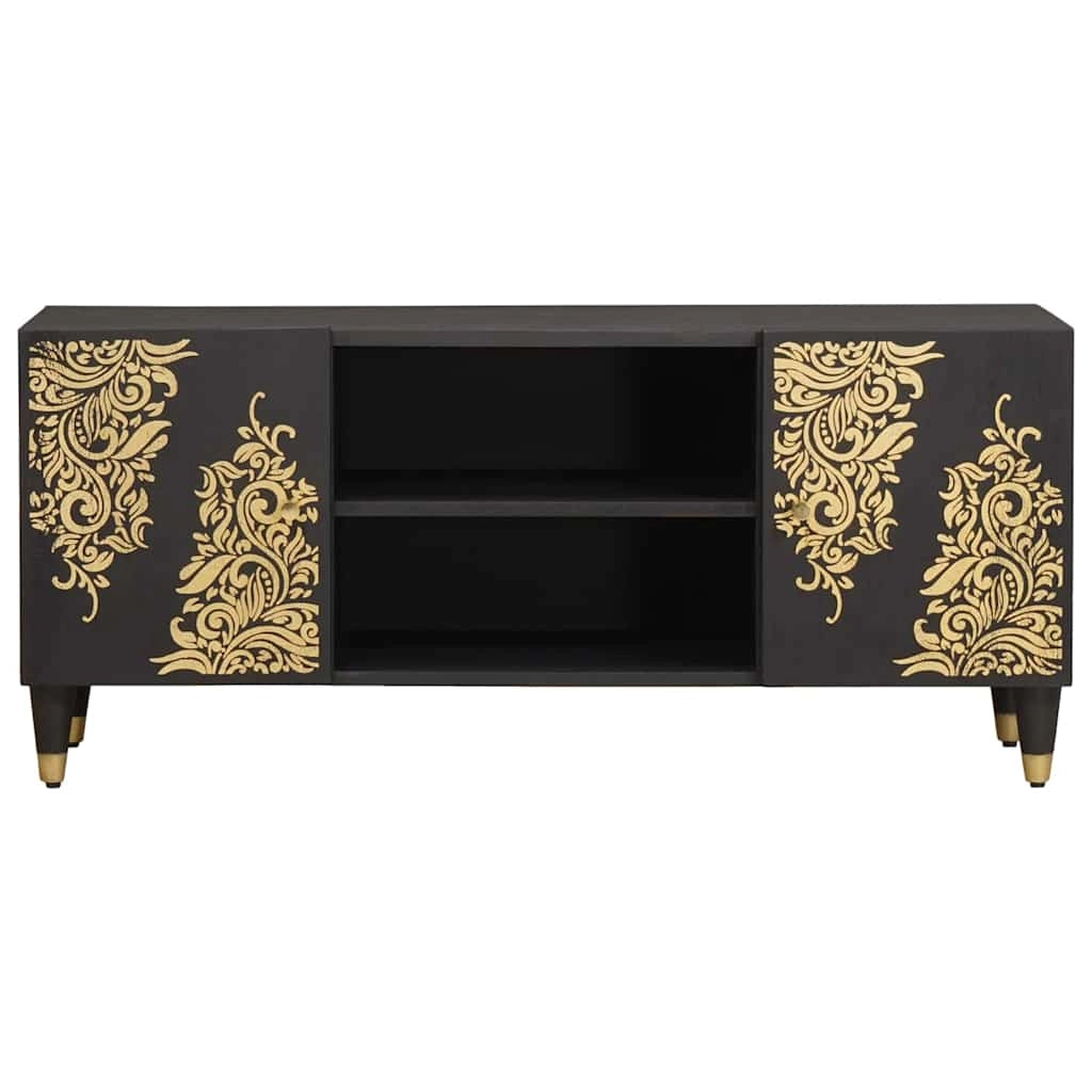 Mobile TV moderno con contenitore 105 x 33 x 46 cm design artistico interno in legno massello di mango nero 02_0057889