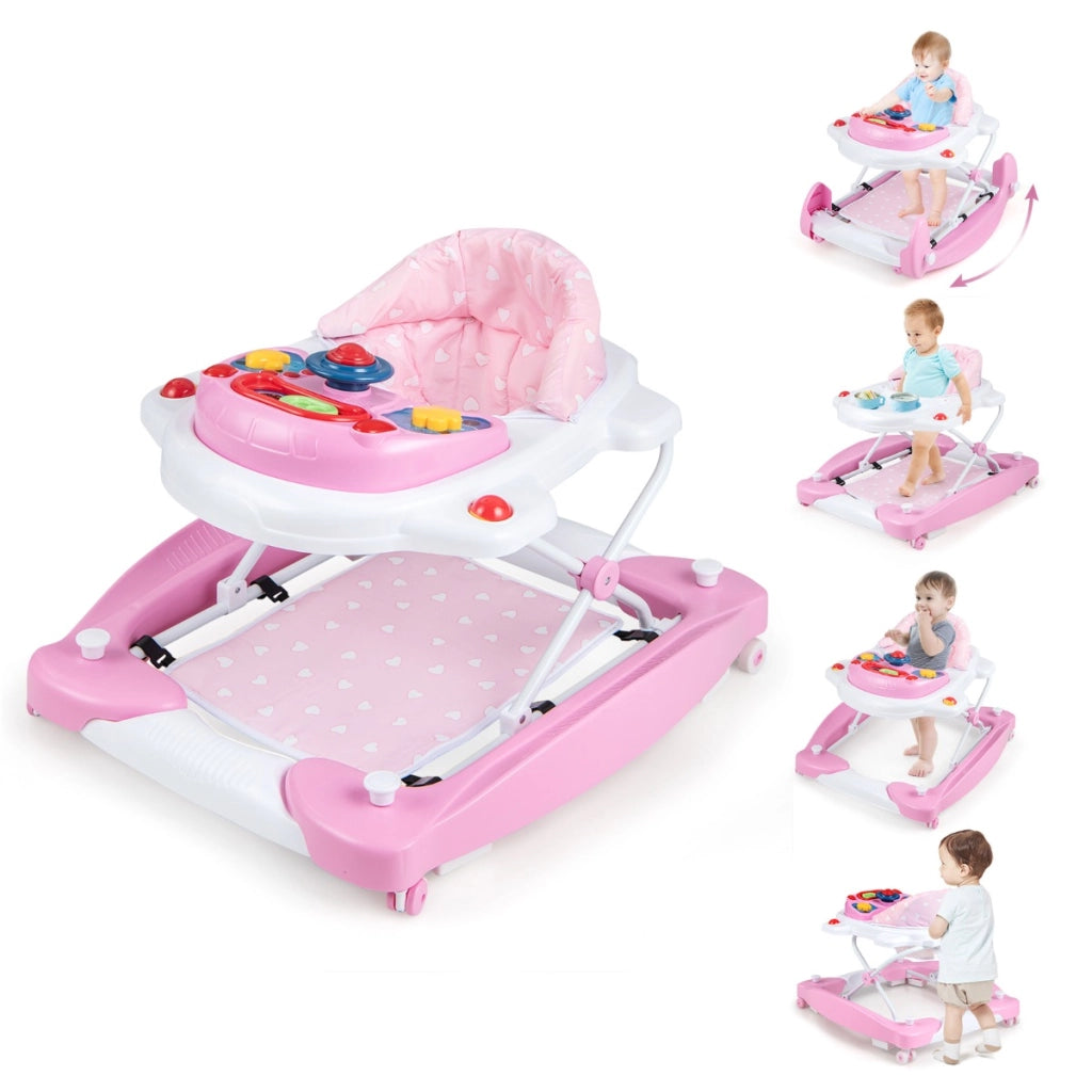 Girello per bambini con altezza regolabile vassoio musicale rimovibile, Centro attivit¨¤ per bambini di 6+ mesi Rosa-Primi passi