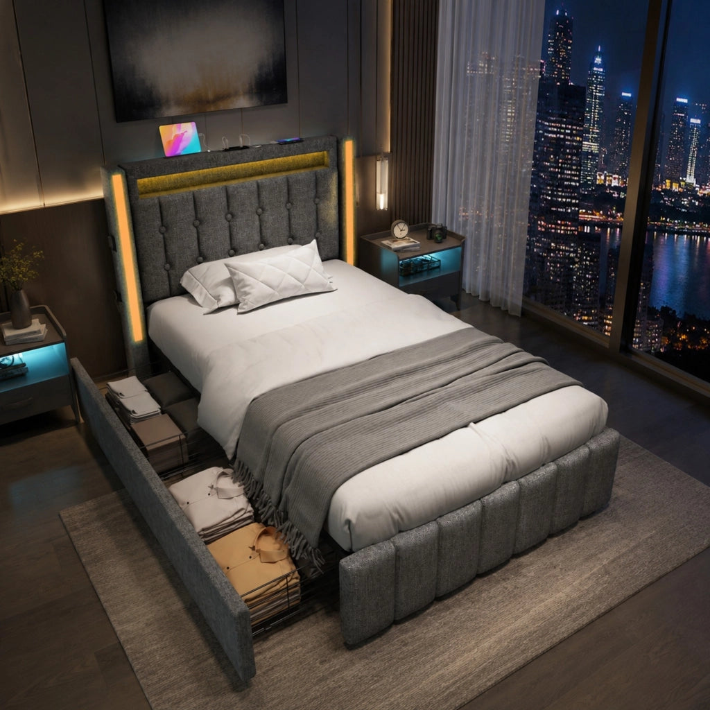 Letto singolo 90x200 cm grigio in lino, LED USB e 2 cassetti, senza materasso