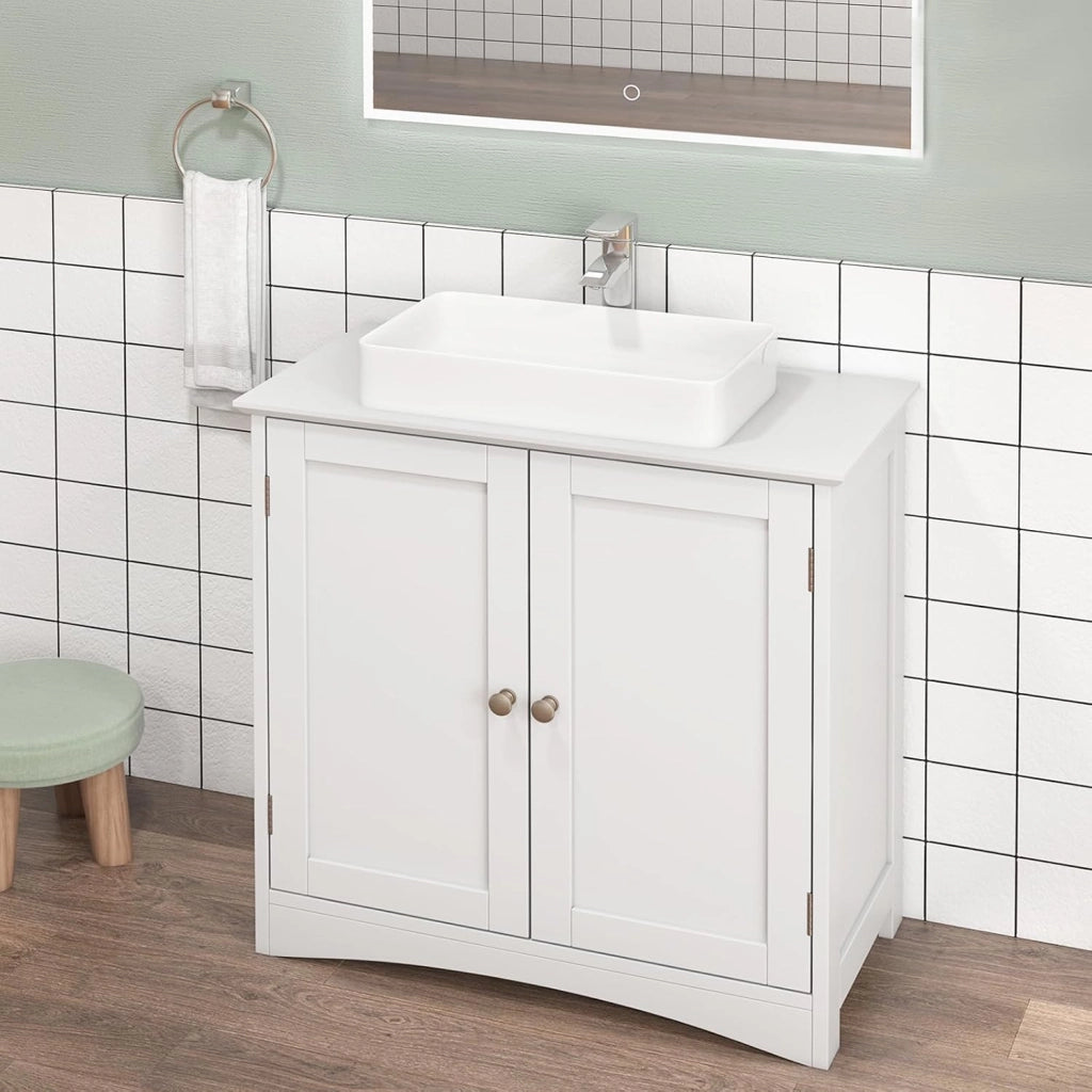 Mobile Sottolavabo per Bagno, Armadietto a Terra con 2 Ante, Ripiano e Taglio a U 22 x 19cm, Organizzatore Moderno e Salvaspazio per Prodotti da Toeletta e Asciugamani, Bianco