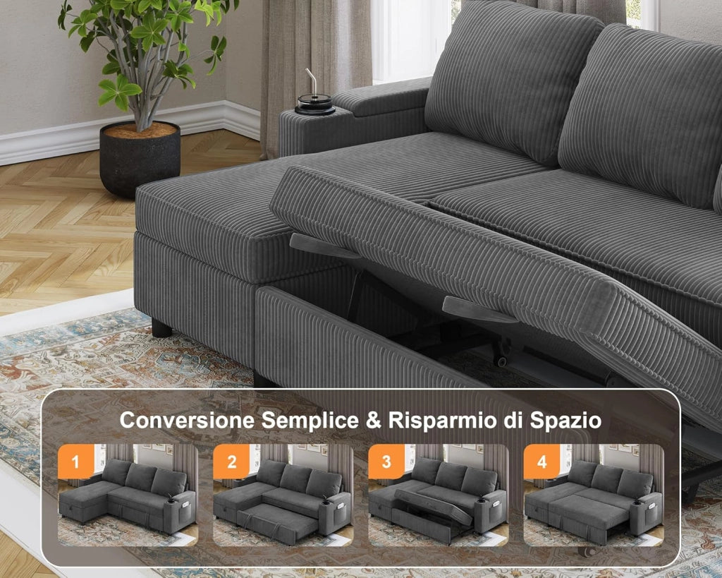 Divano Letto Chaise Longue a Forma di L, Divano da Salotto Cheslong a 3 Posti Convertibile in Letto, con Contenitore Integrato e Portabicchieri, Tessuto Morbido Beige Grigio Scuro