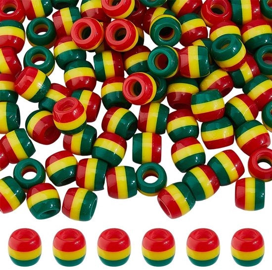 Set di Perle 100 pezzi - Perle a Strisce con Vernice - Colori Rood/Geel/Groen - Perle a Tamburo - 12 x 10,5 mm - 6 mm Foro per Gioielli