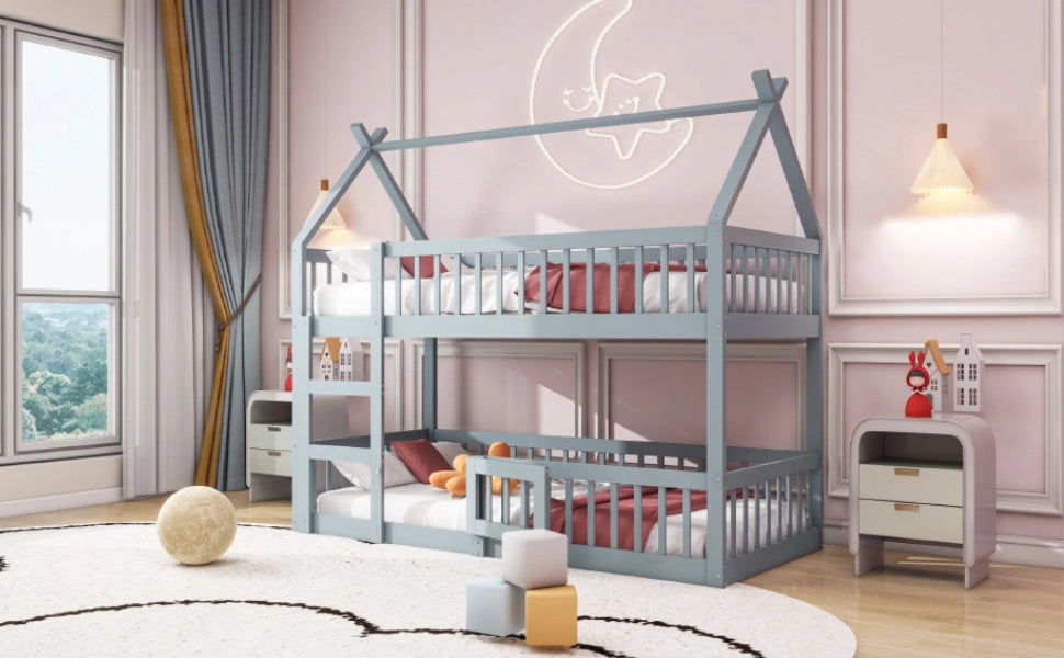 Letto a castello in legno grigio con scala 90x200 cm