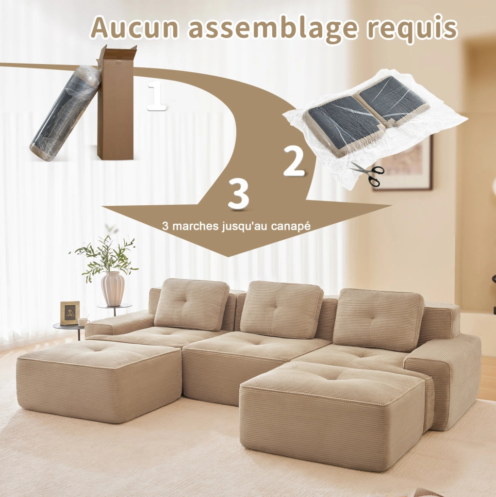 Divano modulare a L Cloud 3 posti in velluto beige con pouf, senza montaggio