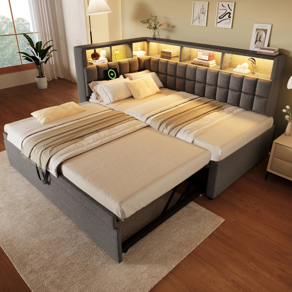 Letto imbottito 90x200 cm con letto estraibile; LED; Bluetooth; USB-A e USB-C; grigio
