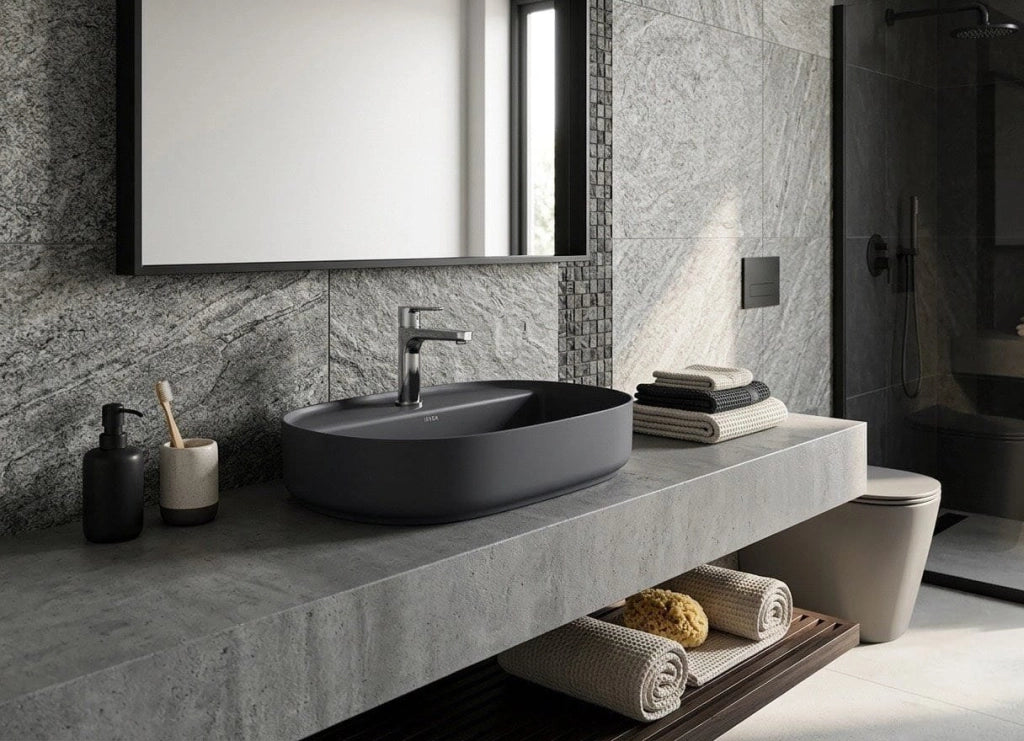 Lavabo ovale da appoggio senza troppo pieno in ceramica con foro rubinetto - Antracite Opaco