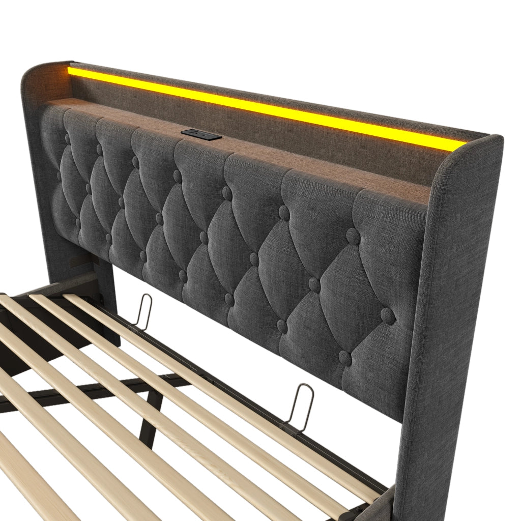 Letti contenitori 140x200 cm con LED e vano contenitore; lino grigio; (Senza materasso)