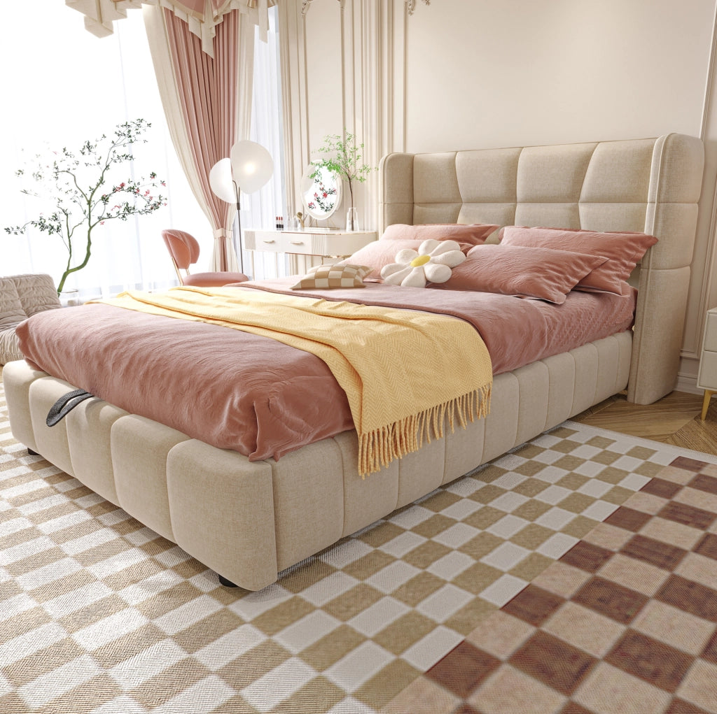 Letto singolo imbottito ULEVR 90x200 cm con vano contenitore sollevabile e testiera, beige