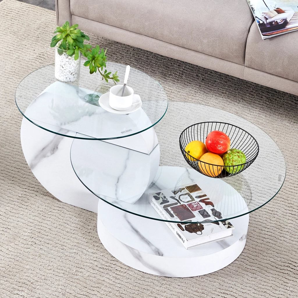 TAVOLINO DA CAFFÈ Doppio piano Ø70/50 cm MDF Bianco Marmo Vetro Trasparente