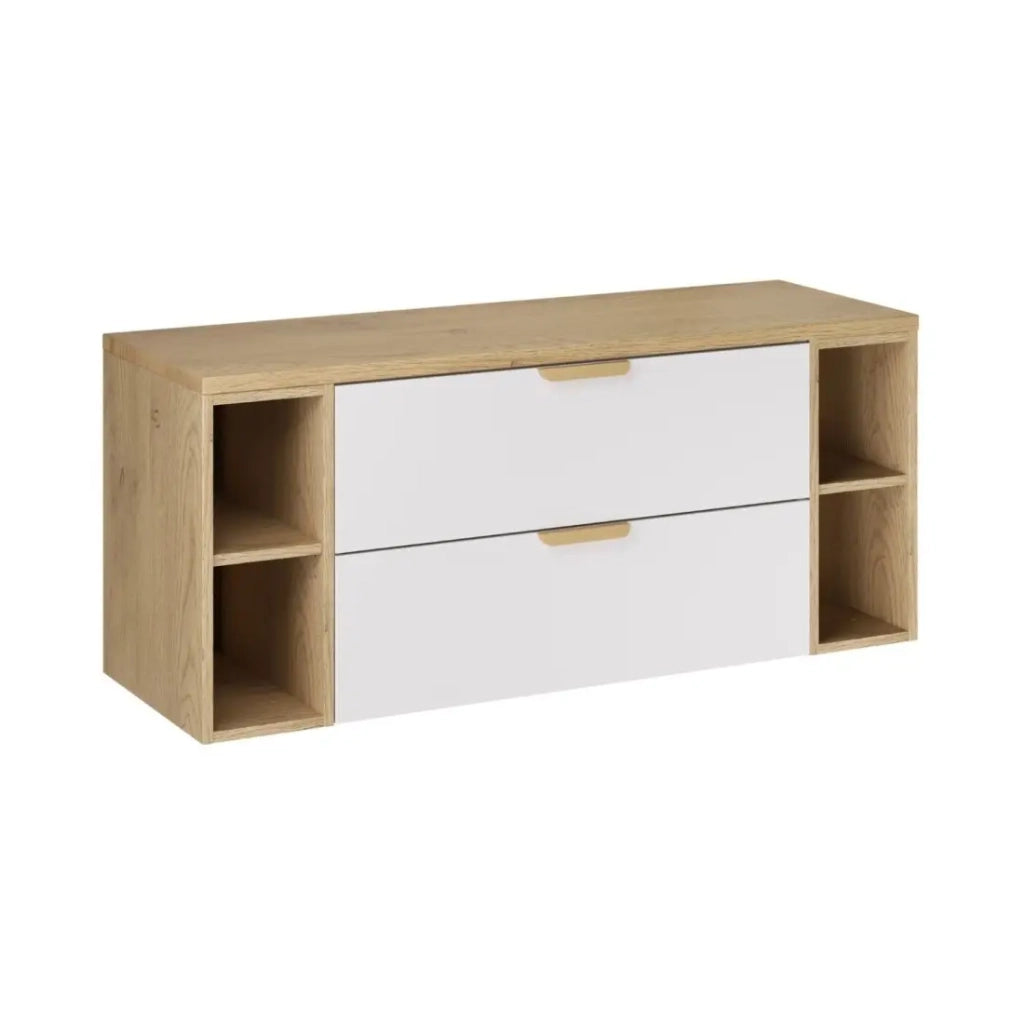 Set da bagno sospeso OSTER 120cm: mobile sottolavabo con cassetti bianchi e nicchie a vista + piano per lavabo