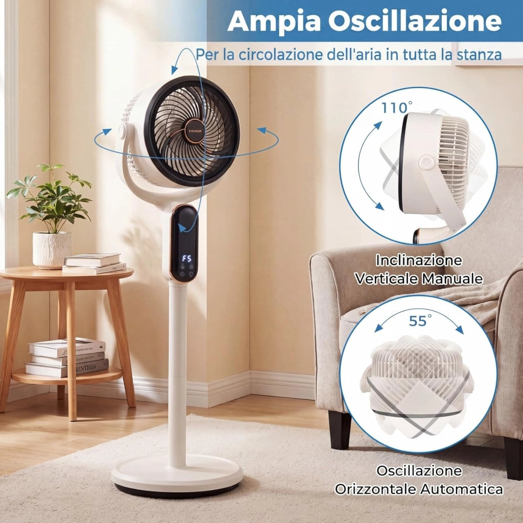 40 W Ventilatore a Piantana, Ventilatore Silenzioso con 8 Velocità, 3 Altezze Regolabili, Oscillazione a 90°+ 60°, Luce, Timer e Telecomando per Casa e Ufficio (Bianco)