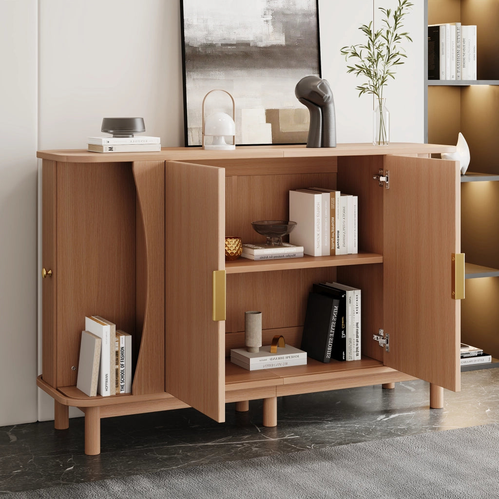 Credenza e madia con 2 ante scorrevoli e ripiano regolabile, per soggiorno, in MDF naturale, 140 × 40 × 88 cm
