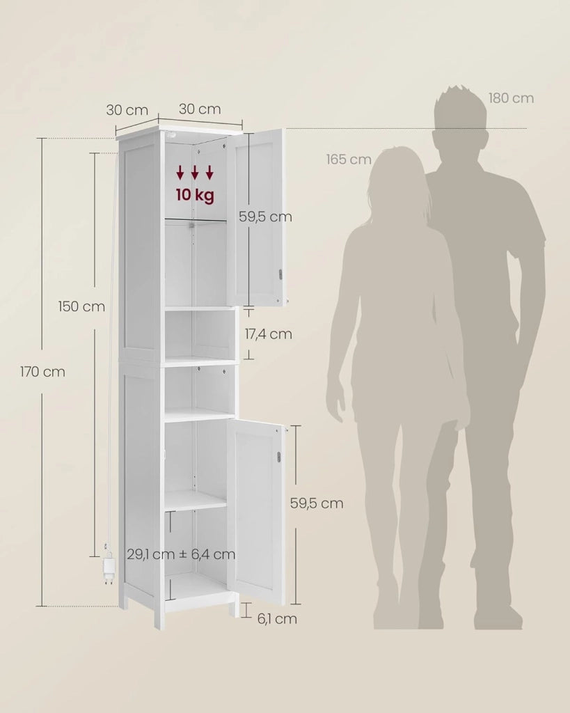 VASAGLE Mobile da Bagno con Luce, Armadietto Mobiletto da Bagno a Colonna con Ripiani Regolabili, Scomparti Aperti, per Piccoli Spazi, Moderno, Bianco Nuvola BBC566W03