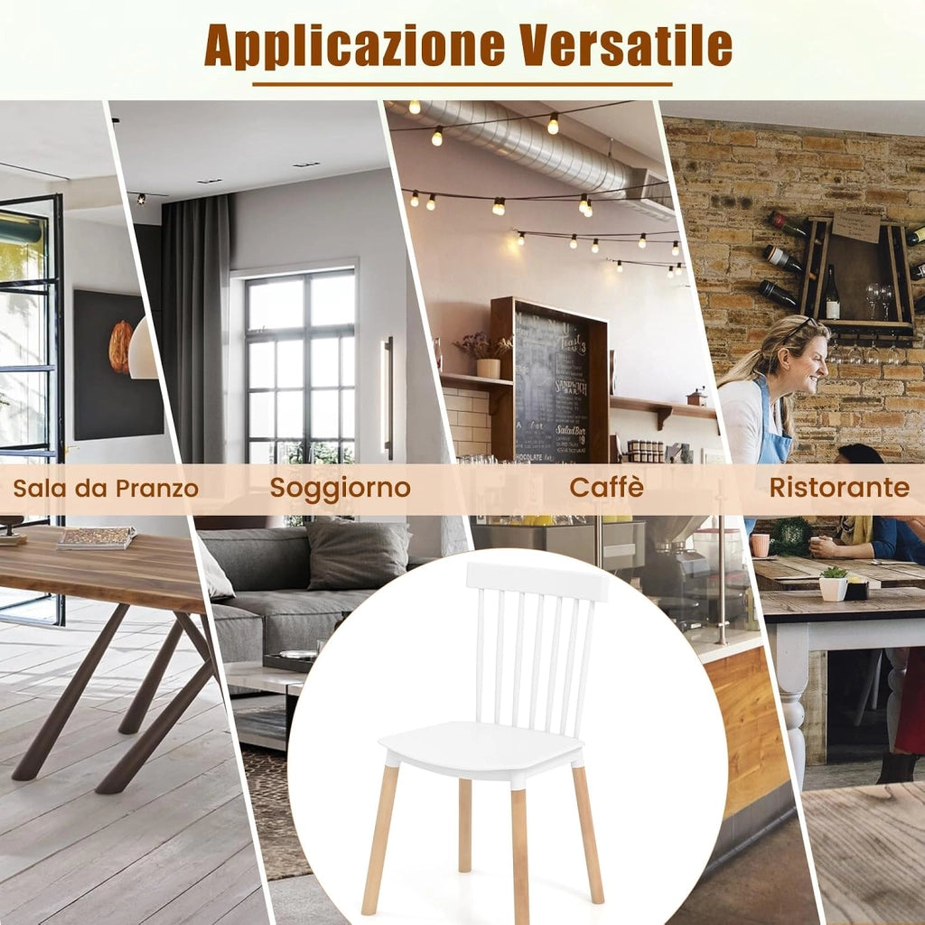 Set 4 Sedie da Pranzo Windsor 51,5 x 48 x 83 cm, Sedie da Cucina Moderno con Schienale a Spindle e Sedili Curvati, Gambe in Faggio e Punte Antiscivolo (Bianco)