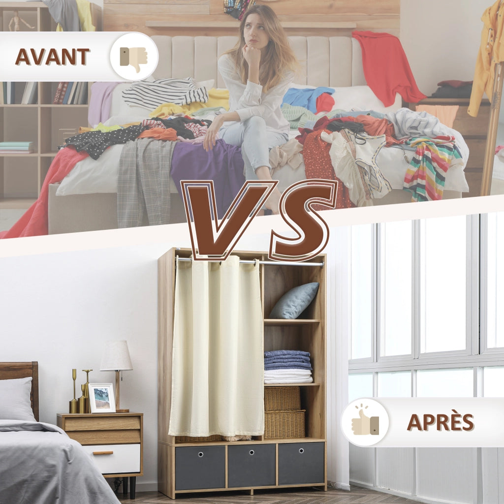 Armadio con appendiabiti e 3 cassetti in tessuto ¨C zephmum ¨C naturale 105x48x160 cm