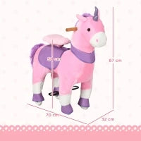 Cavallo a Dondolo con Ruote a Forma di Unicorno per Bambini da 3-6 Anni, 70x32x87cm, Rosa