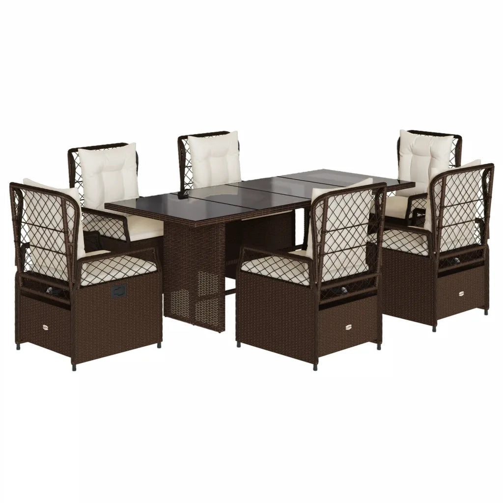 Set da Pranzo da Giardino 7pz con Cuscini in Polyrattan Marrone