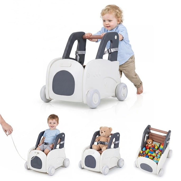 Girello primi passi per bambini con 4 ruote e seduta pieghevole contenitore portagiochi, Carrellino per cavalcare e camminare per bambini 1-3 anni