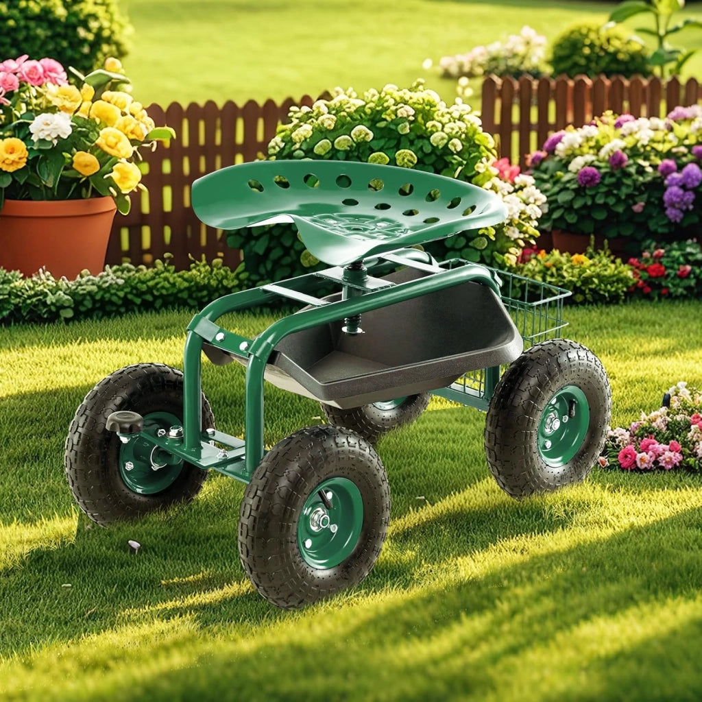 Sgabello per Giardinaggio con Ruote, Sedile da Giardino Regolabile in Altezza con Manico Estensibile, Cesto Portaoggetti, 2 Vassoi e 4 Ruote in Gomma (82,5 x 45,5 x 45,5-54,5 cm)