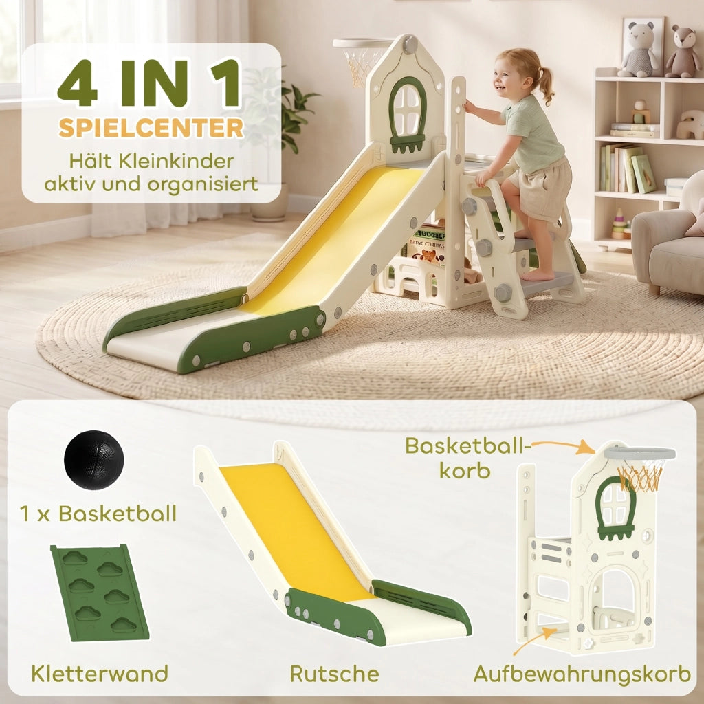 Scivolo per Bambini Pieghevole 5 in 1 con Canestro da Basket e Contenitore, per Casa, Crema