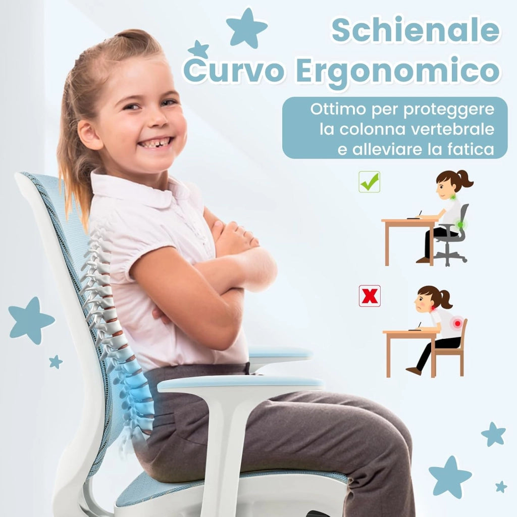 Sedia da Scrivania Girevole per Bambini (Blu, Ruote Ordinarie) | con Altezza Regolabile, 5 Ruote, Braccioli Morbidi, Mobile Ergonomica per Bambini 6-15 Anni