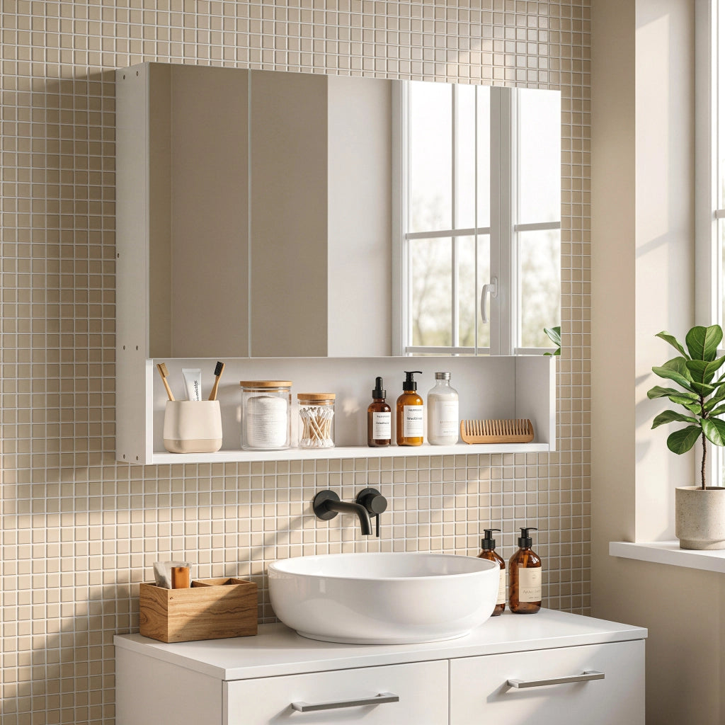 Armadio Bagno con Specchio 3 Ante ¨C zephmum ¨C Bianco 90x15x75